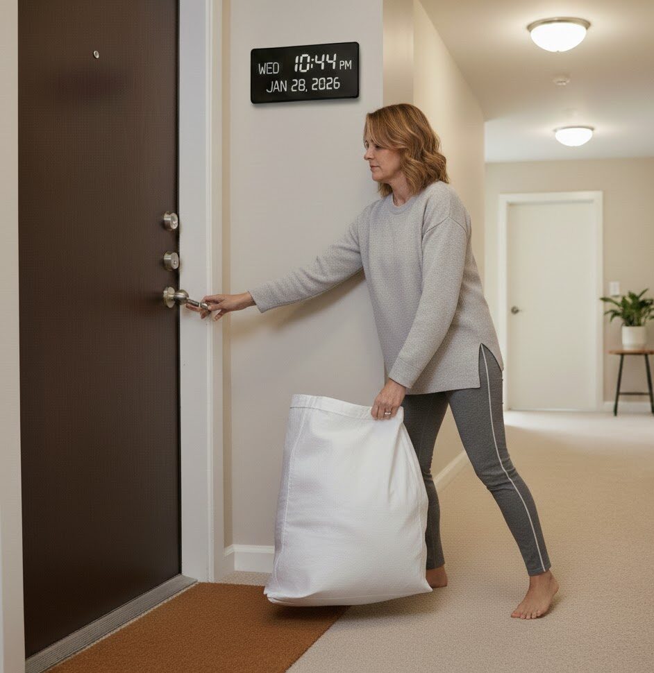 Customer leaving bagged laundry at an apartment door for contactless pickup