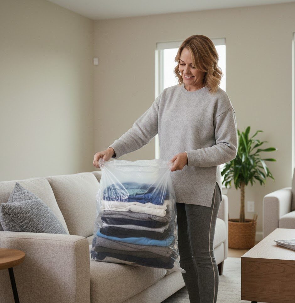 Happy customer receiving neatly folded clean laundry