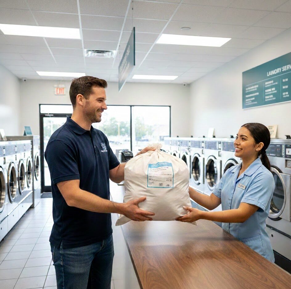 1StopLaundry partner facility receiving a customer's laundry bag for professional cleaning